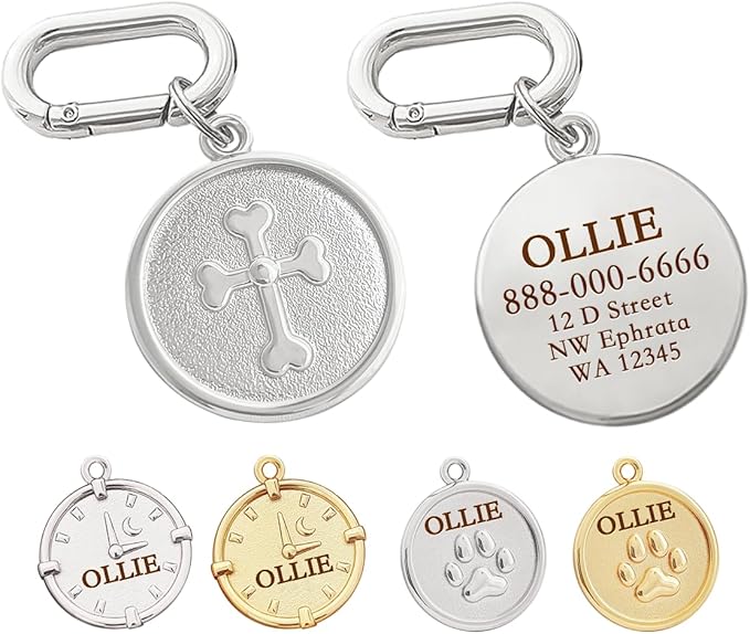 Dogs ID Tags Personalized Double Sided Deep Engraved Cat & Dog Collar Charm Round Shape Frosting Process Silver/Gold Plated (Bone-Cross Gold)