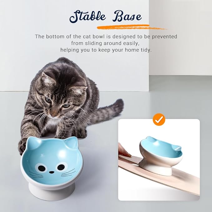Raised Ceramic Cat Food Bowl - 15 Tilted, Spine Protection, Anti-Vomiting, Backflow Prevention for Adult Cats, Kittens, and Small Dogs (Blue Face)