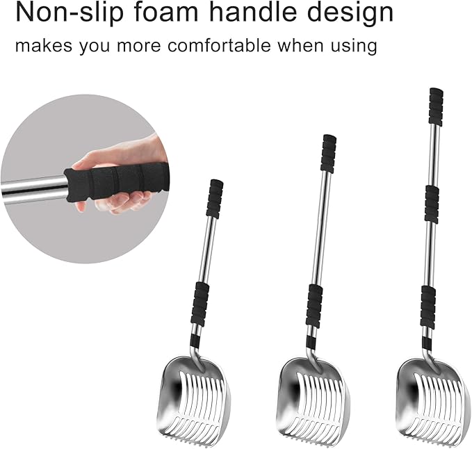 Cat Litter Scoop, Metal Litter Scooper with Deep Shovel, Scooper Long Handle Detachable Components Stainless Litter Scooper，Large Durable Cat Litter Shovel with Foam Pad Grip(Silver Color)