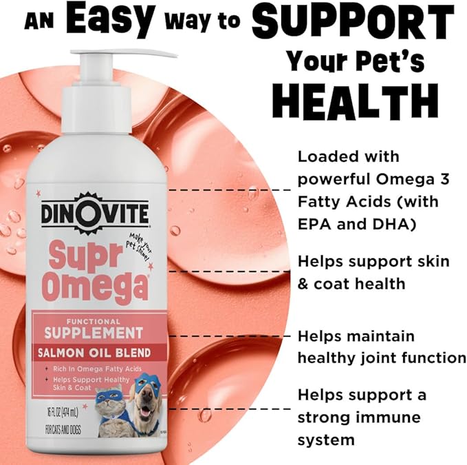 Dinovite SuprOmega Wild Caught Salmon Oil for Dogs & Cats - GMO Free Omega 3 Skin & Coat Supplement - Skin & Coat Meal Topper for Dogs & Cats - 16 oz