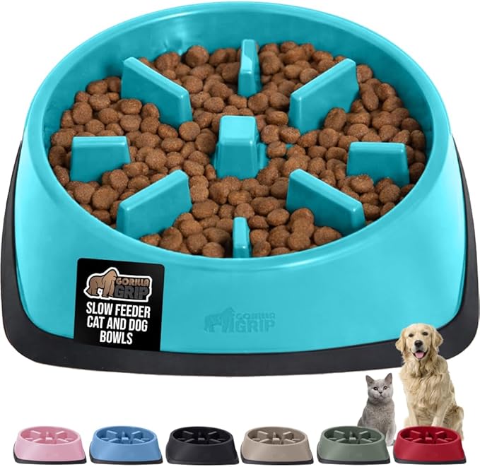GORILLA GRIP Patented BPA Free Slow Feeder Dog Bowls, 4 Cup Interactive Puzzle Toy for Dogs and Cats Food Training Enrichment, Keeps Pets Busy and Prevents Puppy Overeating, Large Breeds, Turquoise