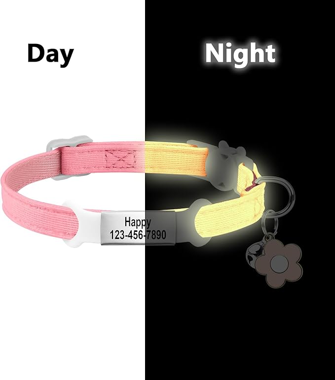Personalised Glow in the Dark Cat Collar with Bell, Adjustable Breakaway Safety Luminous Collar with Stainless Steel Name Tag Fluorescent Glow (Grow in the Dark)