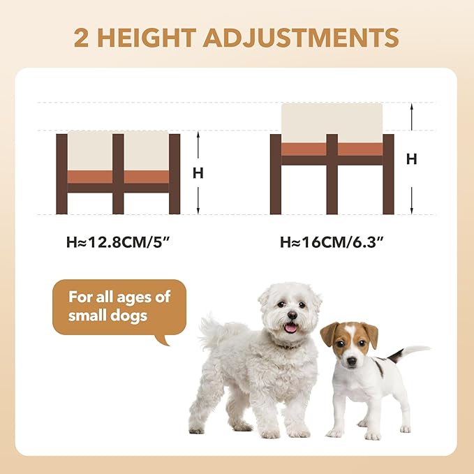 Ceramic 6.1inch Raised Double Dog Bowls Set with Acacia Wood Stand, 2 Heights Elevated, Food & Water Bowls for Small Dogs(28.2oz, Vanilla White)