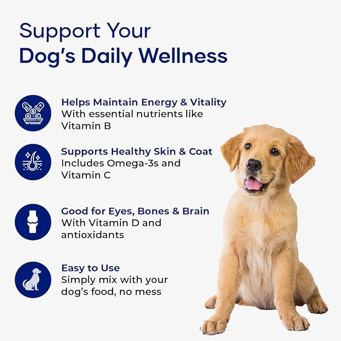 NutriFlo: Dog Vitamins & Supplements - 10-in-1 Multivitamin Powder, Premium Supplement for Dental Health, Longevity, Hip & Joint, Gut Health, Allergies, Immune Support, Skin & Coat.