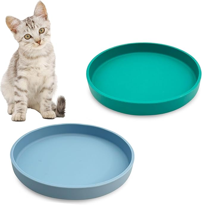 Silicone Cat Food Bowls Shallow Cat Dishes 5.9in Wide Pet Plates Set of 2 Small Flat Dog Saucer Bowl Cute Whisker Fatigue Kitten Feeding Dish for Dry & Wet Food (Round Blue + Green)