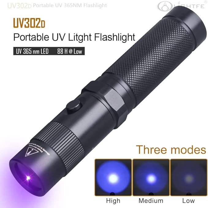 LIGHTFE Black Light Flashlight UV302 UV Flashlight 395nm Max.3000mW High Power for UV Glue Curing, Rocks and Mineral Glowing, Pet Urine Detector, AC Leak Detector