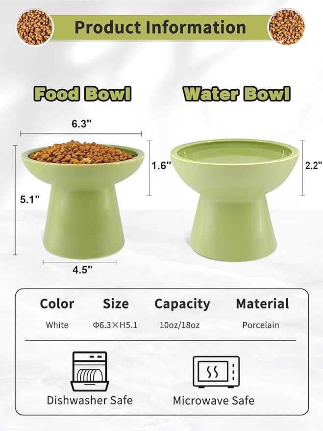 LoeJan Elevated Food and Water Bowls Set, Extra Wide and Raised Ceramic Feeder, Anti-Vomit Whisker-Free Pressure Cat Bowl for Kittens to Adult Cats, Small Dogs (Green, Water Bowl)
