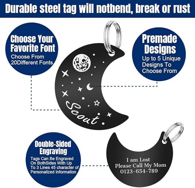 Personalized Dog Tags and Cat Tags, Stainless Steel Pet ID Tags, Collar Charm Engraved on Both Sides, up to 4 Lines of Custom Text, Various Patterns and Colors Options (Moon)