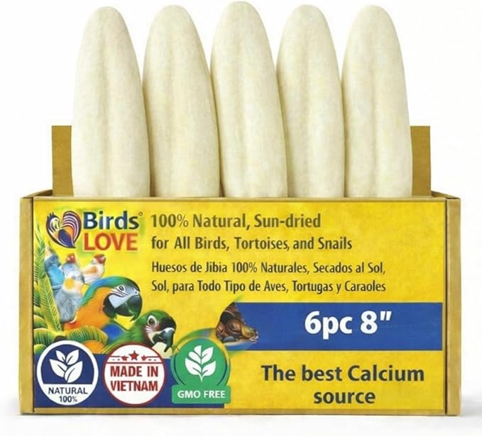 Birds LOVE 7.5-8" Cuttlebones for Birds – 100% Natural Sun-Dried Calcium Carbonate Mineral Supplement – for Parakeets, Budgies, Cockatiels, Finches & Canaries – 6 Pack with Holder – Made in Vietnam