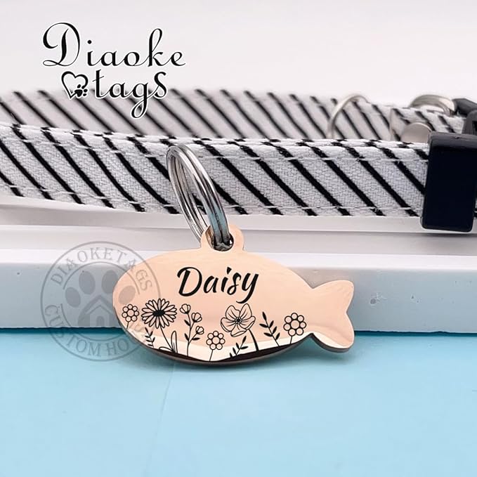 Stainless Steel Cat ID Tag Personalized Pet Tags with up to 4 Lines of Custom Text, Small Pet Mini Dog Cat Tag Lightweight, Engraved on Both Sides, Multiple Patterns Colors Size Options (Fish Pattern)
