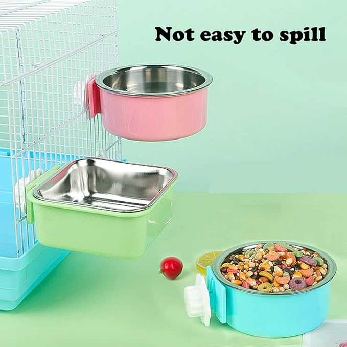 Love Dream Crate Dog Cat Bowl, Removable Stainless Steel Hanging Pet Cage, Food Water Feeder with Bolt for Puppy Birds 2 Pack with Silicone Sponge Dish Brush