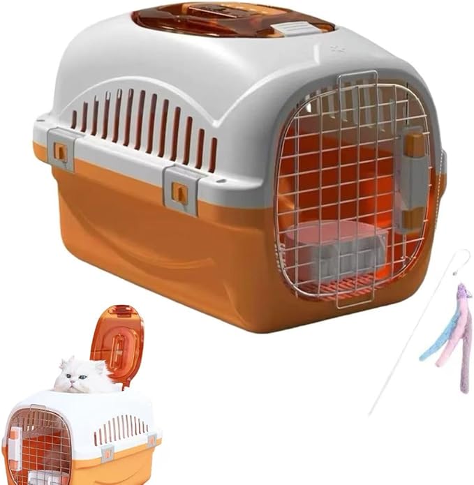 Hard Top Load Cat Carrier,Airline Pet Carrier,Cat Carrier Hard Shell, 360° Ventilation, Front Metal Door, Secure Latches,Includes Feather Wand,Hiking Car Travel Crate for Cats Small Dogs (Orange Set)