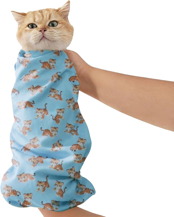 29.5" Cat Grooming Wrap,cat wrap for Cutting Nails,Self-Adhesive cat Swaddle wrap cat Restraint cat wrap Blanket for Medicine, Nail Clipping, Teeth Brushing,Blue Tiger(Within 16lbs)