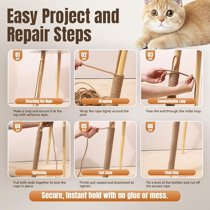 Natural Sisal Rope for Cat Scratcher Replacement, Durable Cat Tree Post Repair Cord for DIY Projects, Climbing Towers, Furniture Protection, Scratch Pad, Crafts, Garden, and Home Décor Use