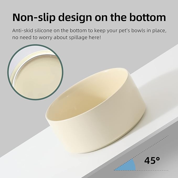 Ceramic 7.3inch Raised Dog Bowl Set, Elevated with Wooden Stand, Food and Water Bowl for Medium Breed Dogs, Weighted Dog Dishes, Pet Feeder(Light Yellow)