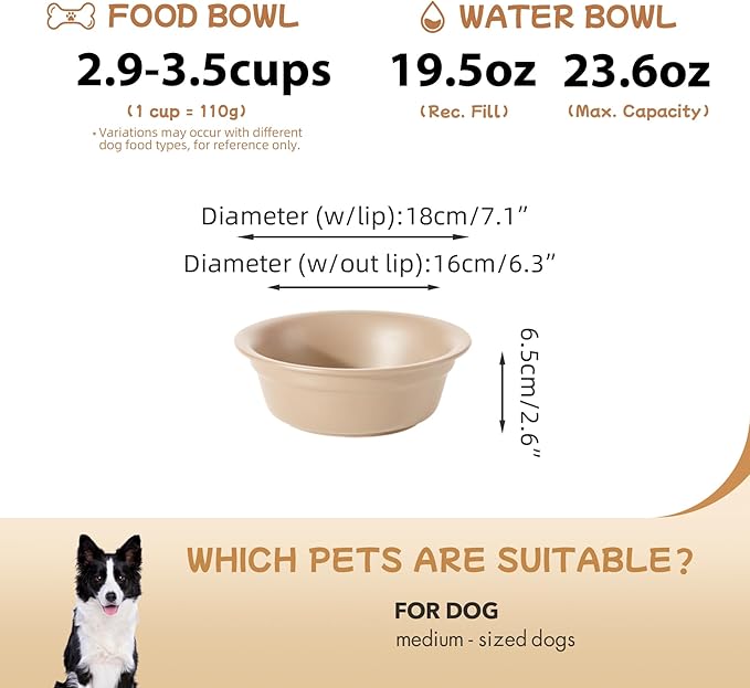 Ceramic 7.1inch Set of 2 Dog Bowls for Medium Dogs, 2pcs Basic 2.5 Cup Food or 24 oz Water Dishes for Replacement, Wide Opening Rounded Edge(2 Bowls, Oat Beige)