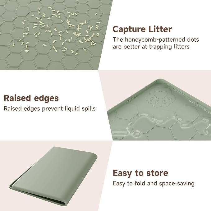 Pawinner Cat Mat for Litter Box, 40" X 28" Large Silicone Cat Litter Trapping Mat, Waterproof Cat Litter Mat, Soft on Kitty Paws, Urine-Proof, Non-Slip Kitty Scratch Pad for Floor(Green)