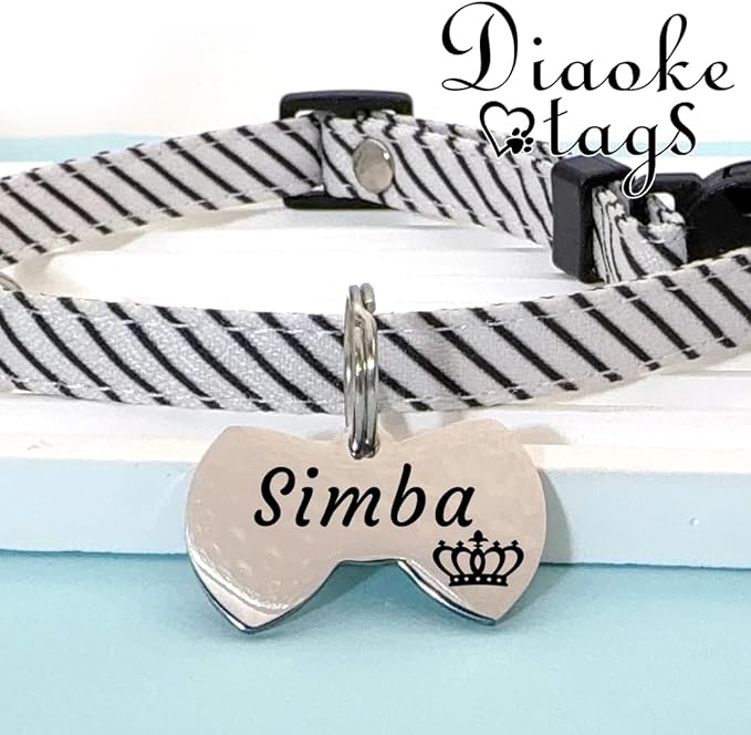 Stainless Steel Cat ID Tag Personalized Pet Tags with up to 4 Lines of Custom Text, Small Pet Mini Dog Cat Tag Lightweight, Engraved on Both Sides, Multiple Patterns Colors Size Options (Bowtie Icon)