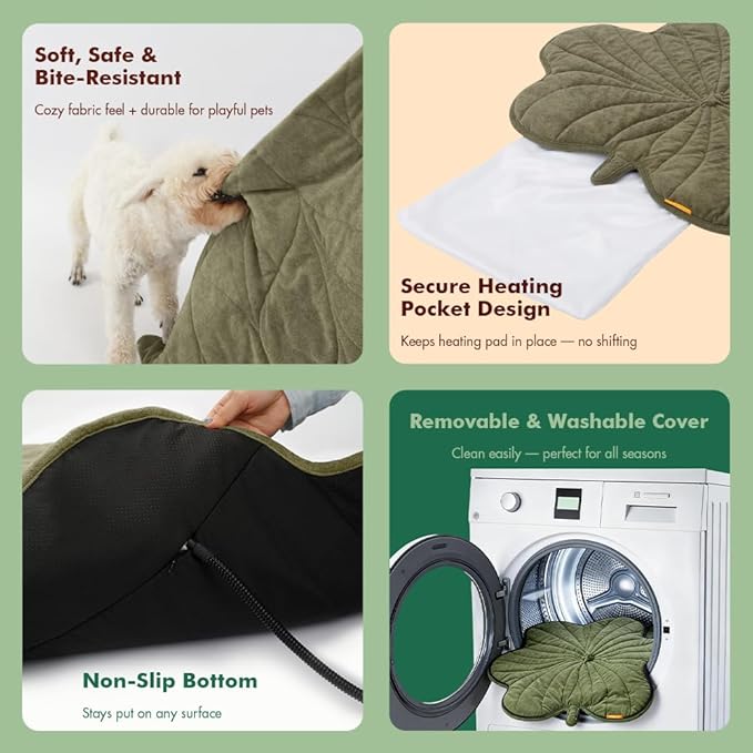 Large Dog Heating Pad Waterproof Electric Heated Beds, Pet Pads for Indoor Outdoor, Adjustable Temperature, Chew Resistant Cord, Washable Green Clover Cat Heating Pad Non Slip Bottom(35"X27")