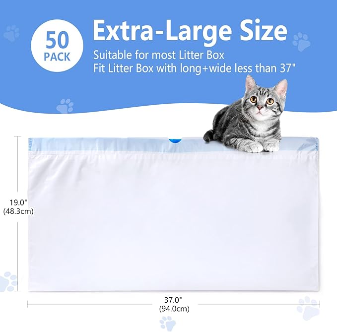 50 Count Cat Litter Liners Large 37x19" Jumbo Drawstring Litter Bags Extra-Thick Cat Litter Box Liners Heavy Duty Kitty Pan Liners for Easy Cleanup
