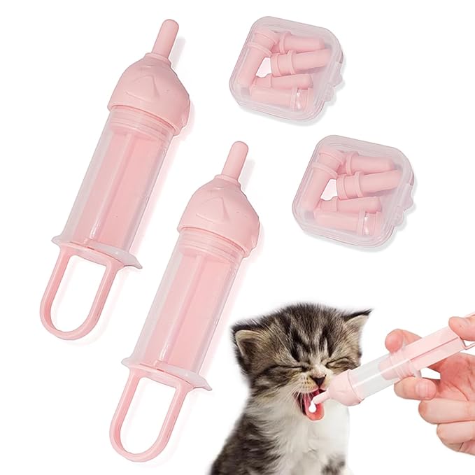 LogFaadCoi Kitten Bottle Feeding Kit for Nursing, Milk Bottles for Feeding Newborn Puppies,Anti-chocking Design,with 2 Syringes and 10pcs Replaceable Nipples (Pink)