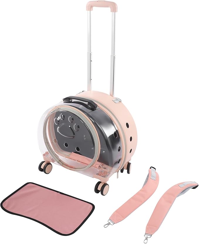 Transparent & Fully Breathable Hard Cat Carrier with Rolling Wheels & Soft Pad for Dogs, Cats Weighing up to 19.84lbs, Multiple Carrying Options, for Traveling/Taking a Walk (Light Pink)