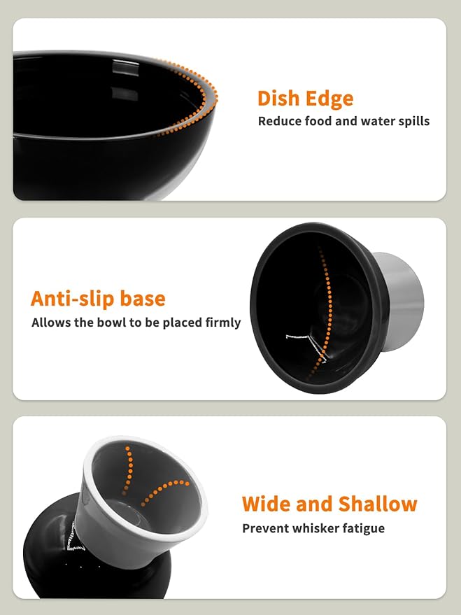 LoeJan Elevated Cat Food and Water Bowls Set, Extra Wide and Raised Ceramic Feeder, Anti-Vomit Whisker-Free Pressure Feeding Bowl for Kittens Adult Small Dogs(Black, 2 Pack)