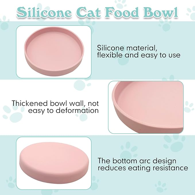 Silicone Dog Bowl Shallow Cat Food Bowls 7" Wide Puppy Plates Whisker Fatigue Pet Feeding Dishes for Dry Food and Wet Food Indoor (Round Pink)