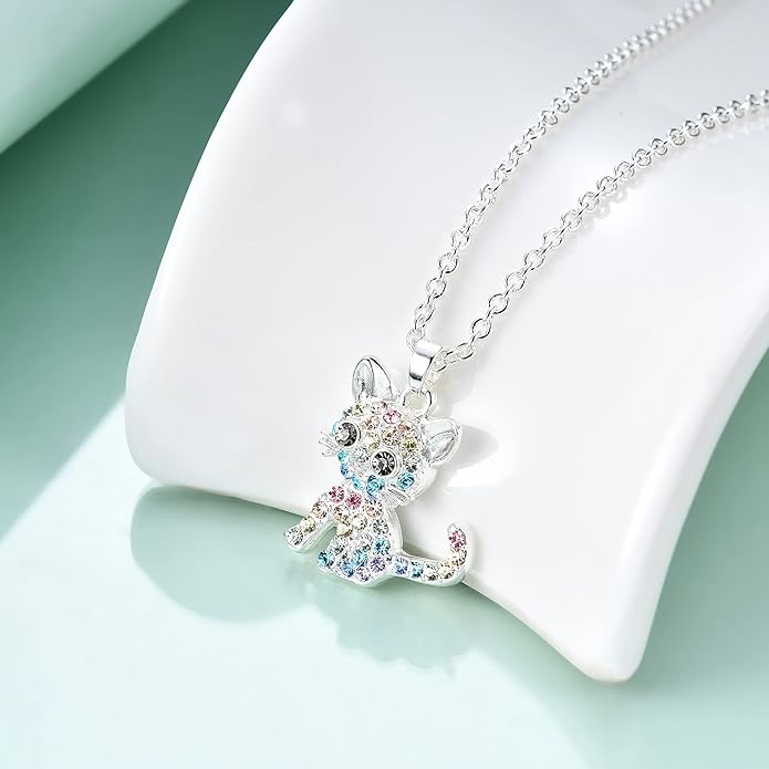 Girls Cat Birthstone Necklace Gifts for Women,Kitty Cats Dog Pendant Necklaces Jewelry for Cat Lovers