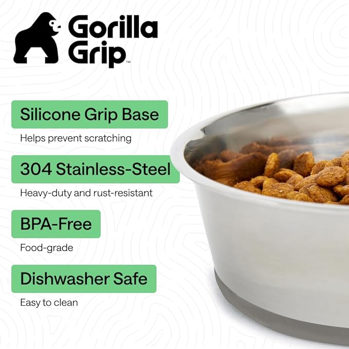 GORILLA GRIP Dog Bowls, Food Grade 304 Stainless Steel, Holds 8 Cups Each (64 fl oz) Food and Water Bowl for Feeding Dogs and Cats, Dishwasher Safe, Rust Resistant, BPA Free Rubber Base Set of 2 Gray