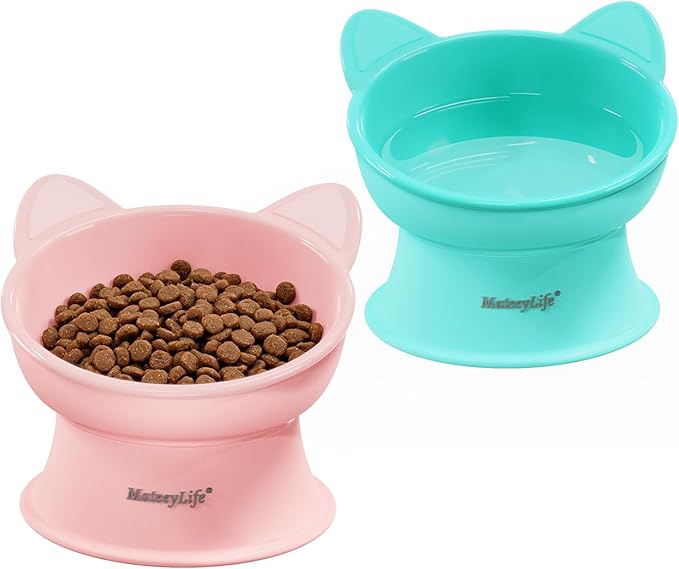 MateeyLife Elevated Cat Bowls, 2P Raised Food and Water Bowl Set for Indoor Cats & Small Dogs, Whisker Fatigue Cat Bowl, Anti Vomit Feeding Pet Bowls, 6 oz Each, Dishwasher Safe - Pink & Green