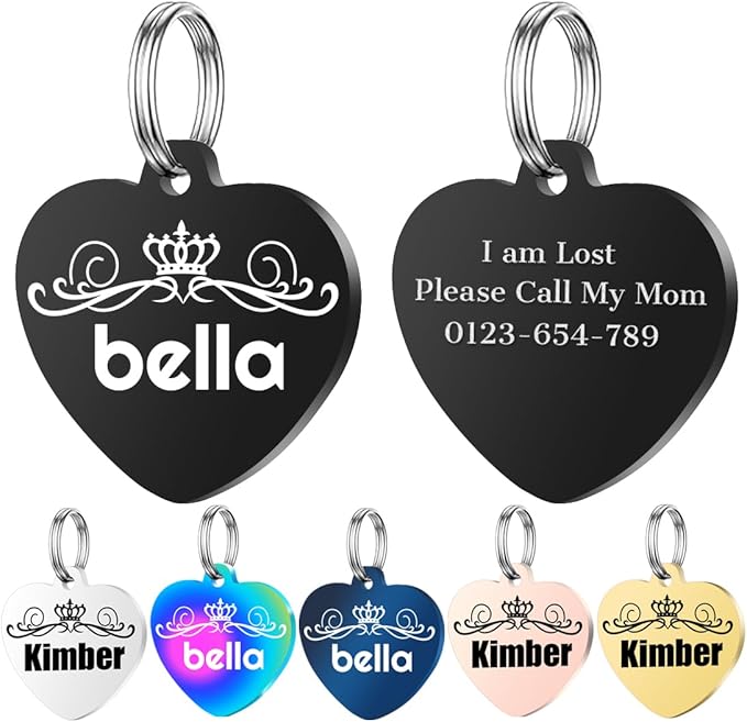 Personalized Dog Tags, Stainless Steel Pet Tags Personalized Cat, Collar Charm Engraved on Both Sides, up to 4 Lines of Custom Text, Multiple Patterns Colors Size Options (Crown, Large)