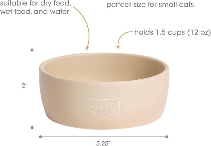 Pearhead Ceramic Cat Bowl – Neutral Taupe “Meow” Design, Holds 12 oz, Stoneware Pet Dish, Whisker-Friendly Pet Feeding, Non-Skid