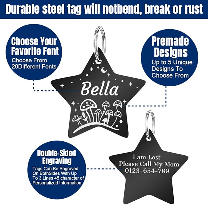 Personalized Dog Tags and Cat Tags, Stainless Steel Pet ID Tags, Collar Charm Engraved on Both Sides, up to 4 Lines of Custom Text, Various Patterns and Colors Options (Star)