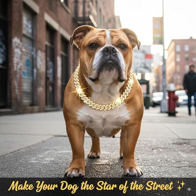 Luxury Cuban Link Dog Collar Gold Dog Chain Necklace with Diamond Rhinestones - 0.59 Inch Width Metal Pet Collar Jewelry for Small Medium Large Dogs & Cats (20 inch)