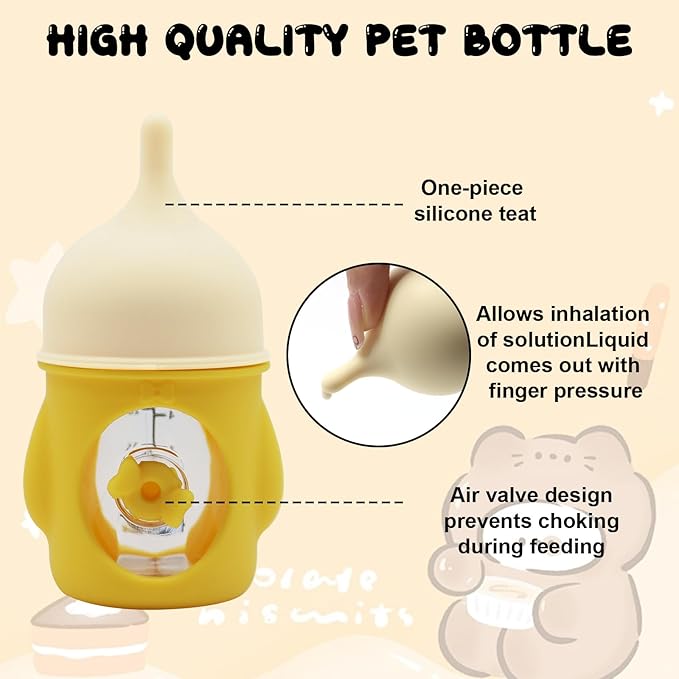 Pet Feeder Bottle Animal Feeding Bottles Kitten Bottles for Nursing Anti-Choking Design for Newborn Kittens Puppies Small Animals with 2 Pcs Replacement Nipple (Yellow, 20 ml)