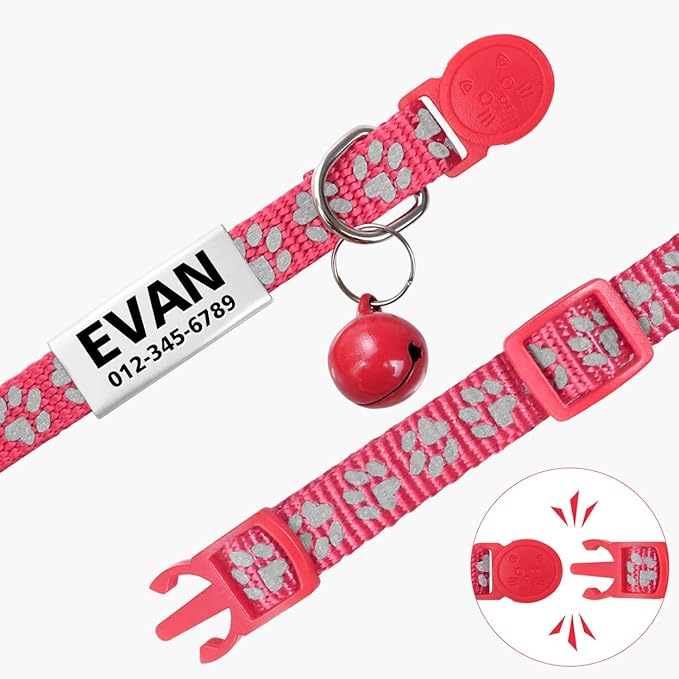TagME 2 Pack Cat Collar with Name Tag, Personalized Reflective Cat Collar Breakaway with Bell for Boy & Girl Kitten, Pink