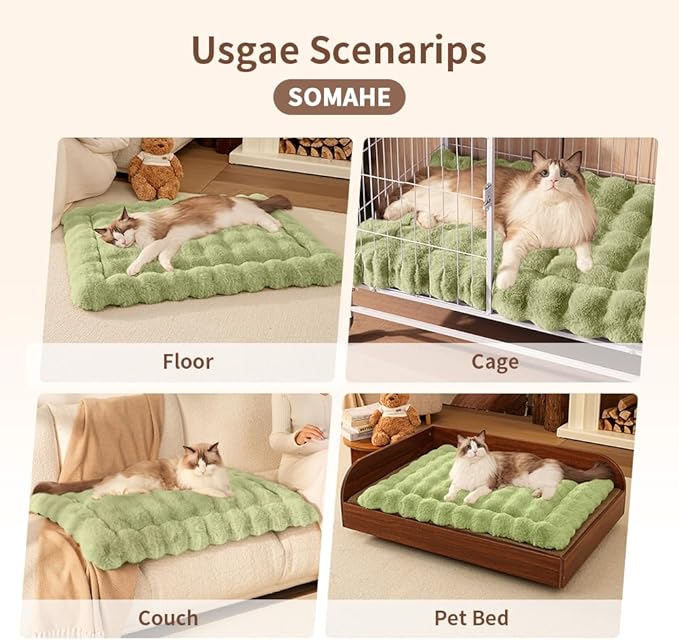Self-Warming Cat Bed, Plush Faux Fur Pet Bed Mat with Anti-Slip Bottom, Ultra Soft Heated Bed for Cats & Medium Dogs, Cozy Fluffy Pad for Couch & Crate, Machine Washable, 27x20 Inch Green