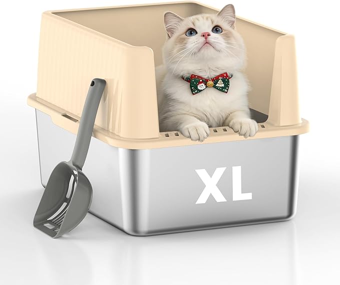Small Stainless Steel Cat Litter Box - 11.8" High Sided, Open-Top Design, Low Entry for Kittens & Small Cats, Anti-Leak & Easy to Clean, Compact Space-Saving Size(17.3" L x 13.4" W × 11.8" H)
