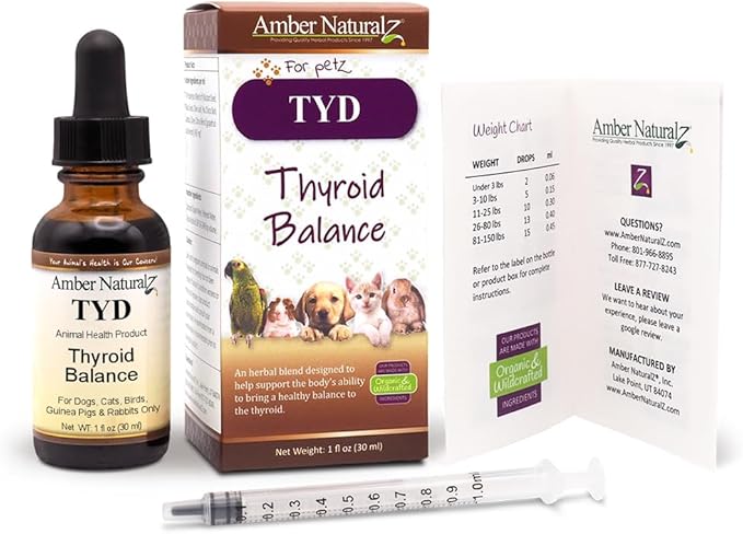 Amber NaturalZ TYD Thyroid Balance Herbal Supplement for Dogs, Cats, Birds, Guinea Pigs, and Rabbits | Herbal Pet Supplement for Thyroid Health | 1 Fluid Ounce Glass Bottle | Manufactured in The USA