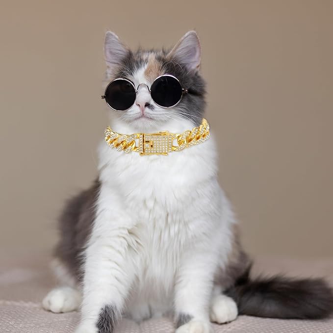 Amabro Diamond Cat Chain Collar, Metal Cuban Link Dog Collar with Secure Buckle Cat Pet Necklace Chain Pet Collar Jewelry Accessories for Small Medium Dogs Cats Puppy Kittens (Gold, 10 inch)