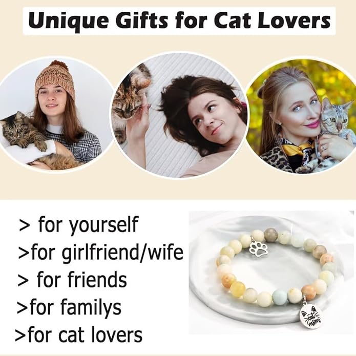 Cat Mom Gifts: Beaded Bracelet Paw Print for Women, Cat Lovers - Birthday, Christmas, Valentine's, New Year