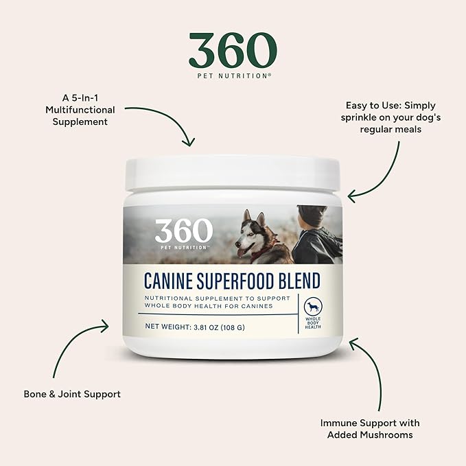 360 Pet Nutrition Canine Superfood Boost – All Life Stage Dog Meal Topper & Supplement, Supports Joint, Digestive & Immune Health, 30 Servings, Beef Flavor