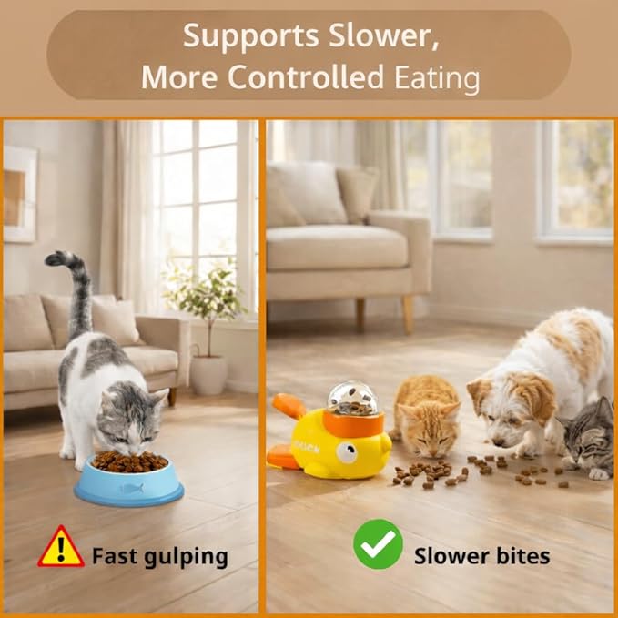 Yellow Duck Cat Feeder Toy with Duck Bib, Interactive Treat Dispenser for Cats & Small Dogs with 3 Adjustable Lids, Puzzle Toy for Slower Eating and Indoor Play