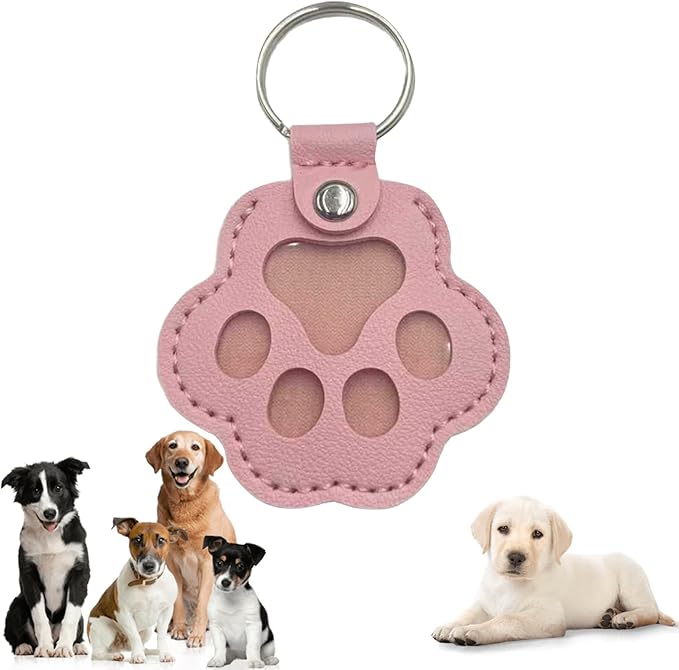 Pet Keychain Refillable Paw Shaped Leather Fur Keepsake Pet Paw Print Dog&Cat Hair Storage Collector Memorials & Funerary Passing Away Loss Sympathy Gifts (Pink)