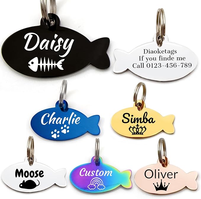 Stainless Steel Cat ID Tag Personalized Pet Tags with up to 4 Lines of Custom Text, Small Pet Mini Dog Cat Tag Lightweight, Engraved on Both Sides, Multiple Patterns Colors Size Options (Fish Icon)