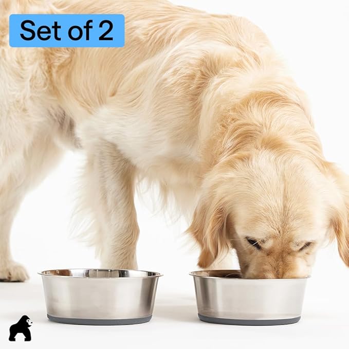 GORILLA GRIP Dog Bowls, Food Grade 304 Stainless Steel, Holds 2 Cups Each (16 fl oz) Food and Water Bowl for Feeding Dogs and Cats, Dishwasher Safe, Rust Resistant, BPA Free Rubber Base Set of 2 Gray