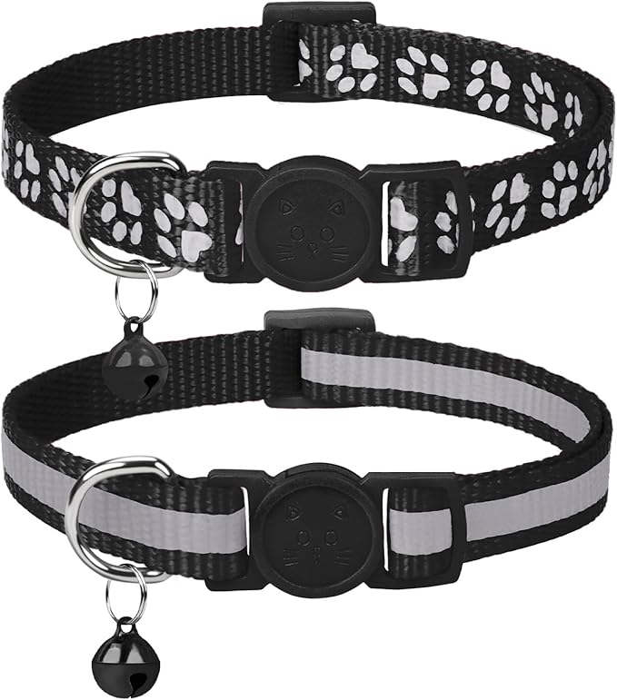 Taglory Kitten Collar Breakaway with Bell, Reflective Soft Cat Collar for Small Kittens, Adjustable 6-8 Inch High Visibility Night Strip, Lightweight for 2-6 Months Baby Cats, 2 Pack, Black