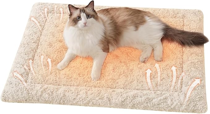 Self Warming Cat Bed Mat, Washable Self Heating Cat Mat, Extra Warm Thermal Pet Pad with Non-Slip Bottom, Soft Plush Faux Fur for Indoor Pet Sleep Cushion, 23x15 Inch Beige