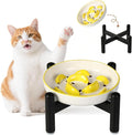 Elevated Slow Feeder Cat Bowl - Ceramic Cat Food Plate with Anti-Slip Stainless Steel Stand - Shallow Maze Dish for Slow Eating - Yellow